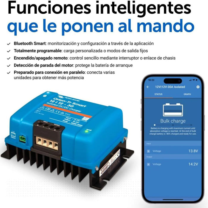 Funciones inteligentes del cargador Victron Orion Smart 30A junto a la aplicación móvil
