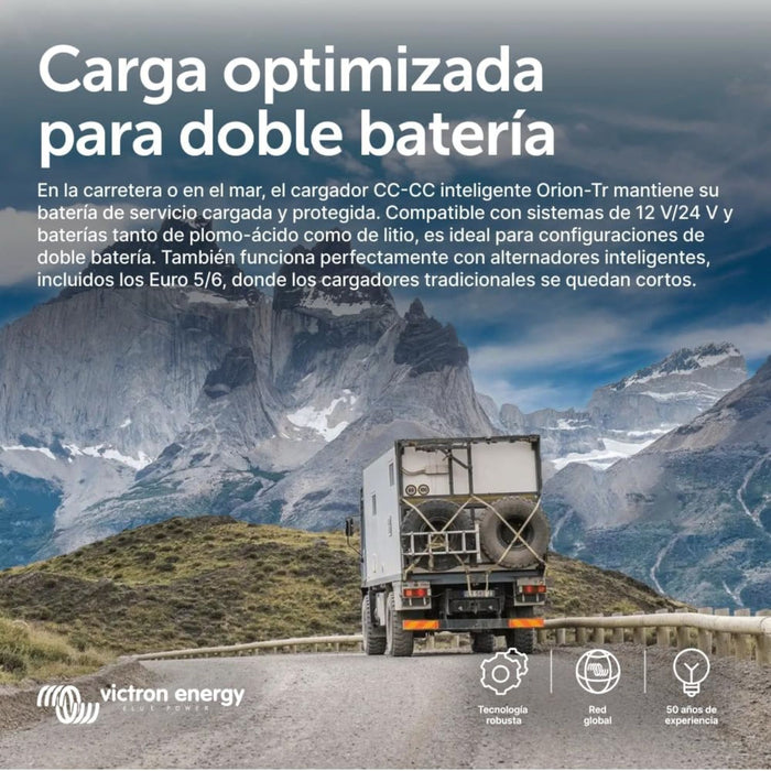 Cargador Victron Orion Smart 30A ilustrado con vehículo en ruta y descripción de carga optimizada