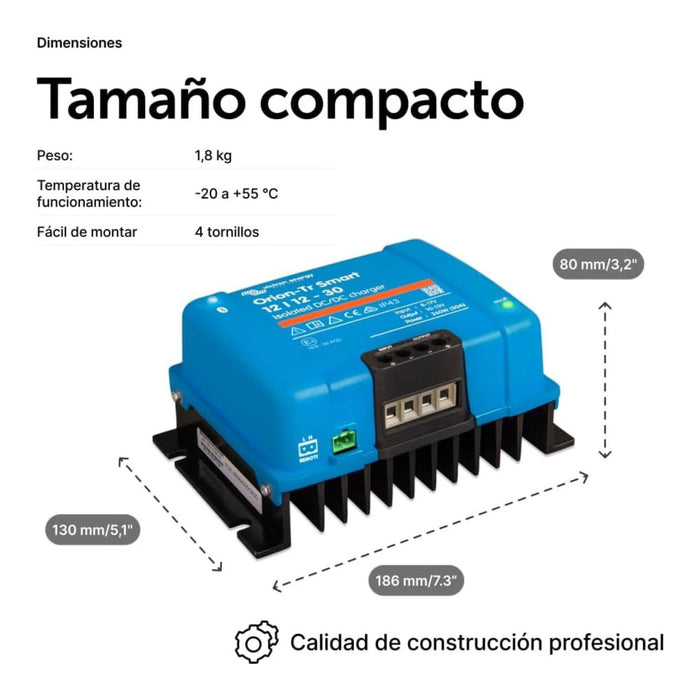 Dimensiones del cargador Victron Orion Smart 30A con medidas en milímetros
