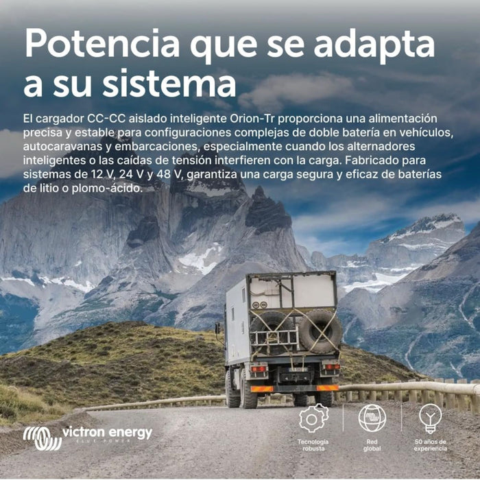 Cargador Victron Orion Smart 30A ilustrado con vehículo en ruta y descripción de potencia adaptable