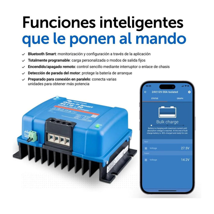 Funciones avanzadas del cargador Victron Orion-Tr 24/12V 30A con control Bluetooth y monitorización