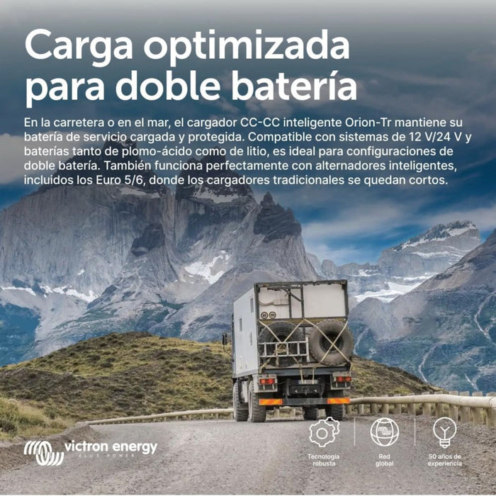 Cargador CC-CC Victron Orion-Tr Smart 24/12-30 explicando carga optimizada para doble batería en entorno de montaña