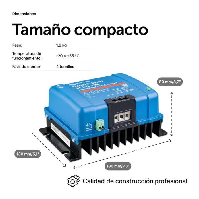 Dimensiones y diseño compacto del cargador DC-DC Victron Orion-Tr Smart 24/12-30