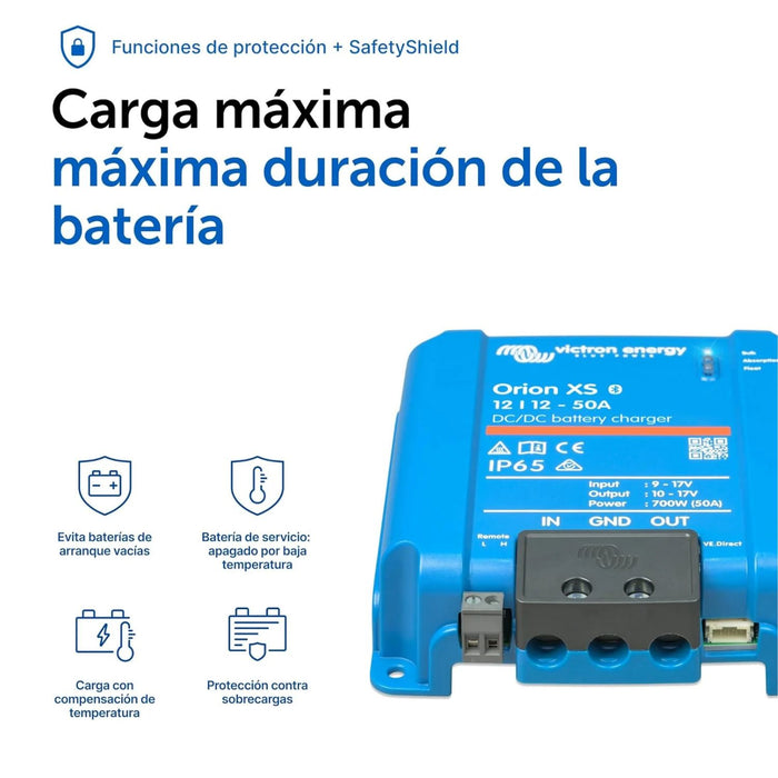 Protecciones del Victron Orion XS, carga segura con compensación de temperatura y antidescargas