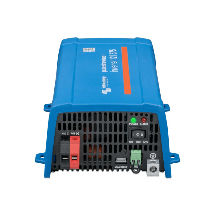 Vista frontal del convertidor Victron Phoenix 12/375 con interruptor y alarmas