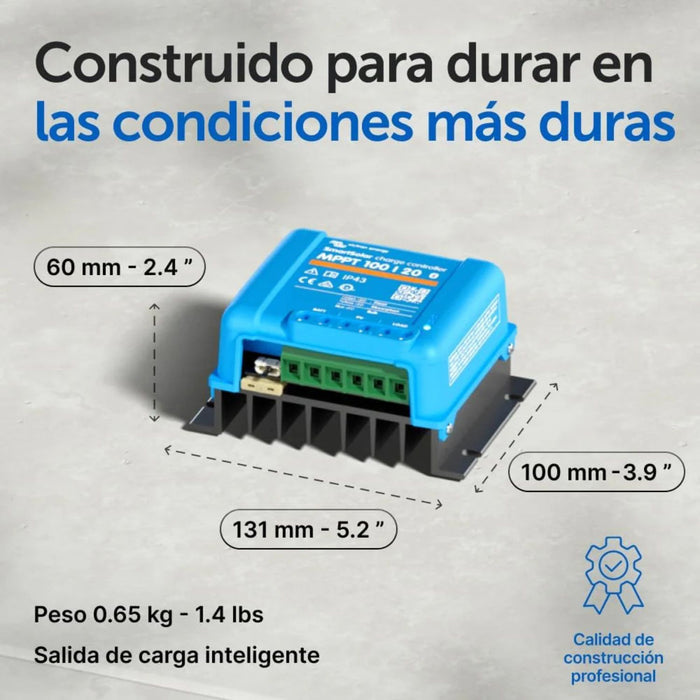 Dimensiones y especificaciones del controlador Victron SmartSolar MPPT 100/20