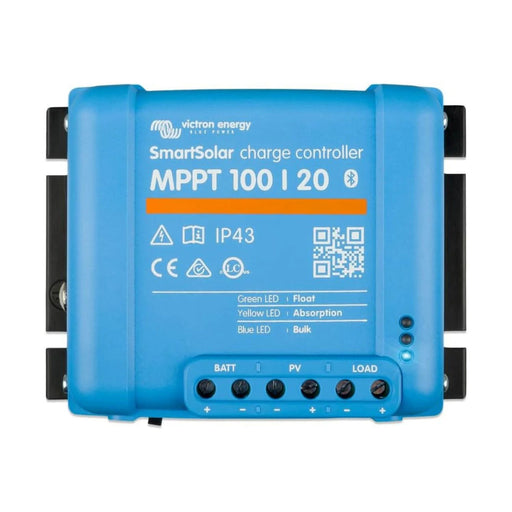 Vista frontal del controlador solar Victron SmartSolar MPPT 100/20 con puertos de conexión