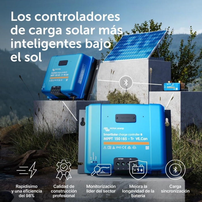 Controladores de carga Victron SmartSolar MPPT 150/85 VE.Can en una instalación de paneles solares.