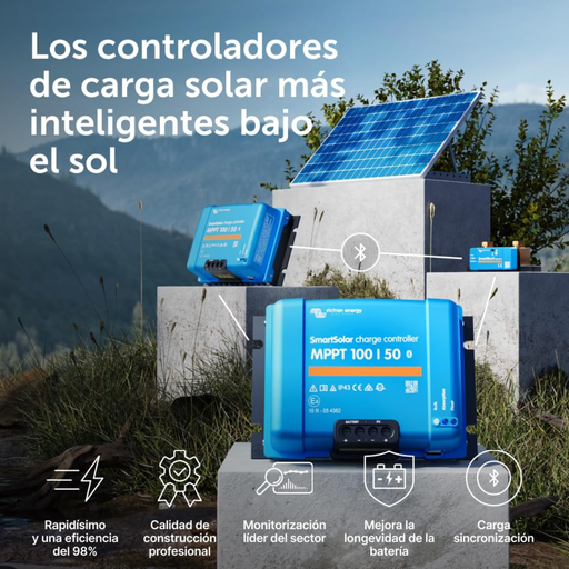 Regulador Victron SmartSolar MPPT 100 50 funcionando con paneles solares en exterior