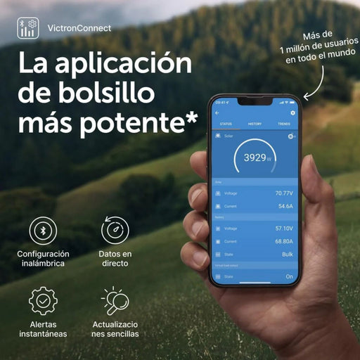 Aplicación VictronConnect mostrando datos del cargador Orion-Tr 24/12 30A en un smartphone